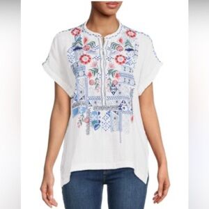 Johnny Was White and Blue Embroidered Blouse
